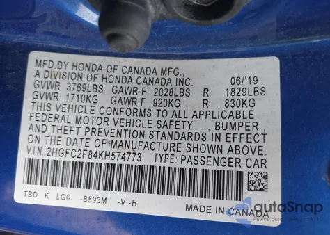 2019 Honda Civic Sport из США, поврежденный, VIN 2HGFC2F84KH574773